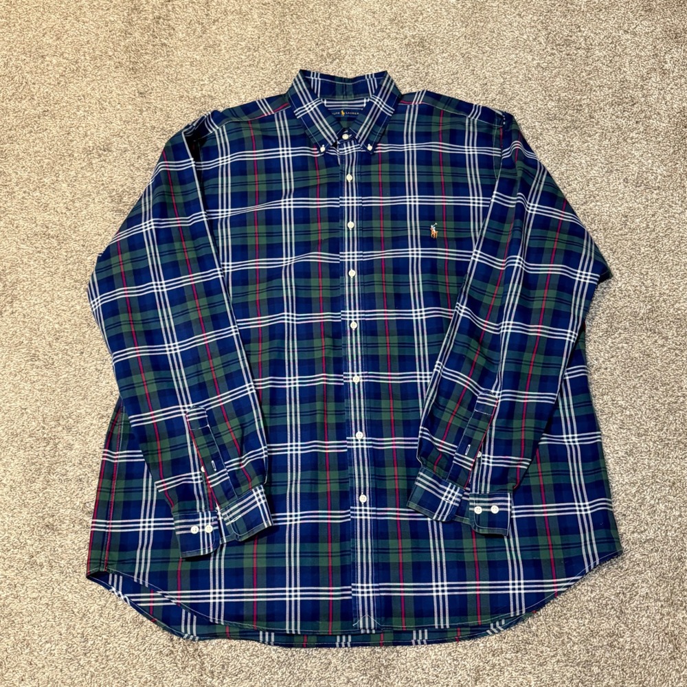 Polo Ralph Lauren Mens 2XLT Tall Plaid Button Down Shirt Navy Green Long Sleeve